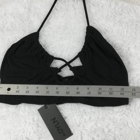 BY DYLN Womens Silo Crop Top Black Ribbed Crossover Halter Spaghetti Strap L New - Picture 5 of 9